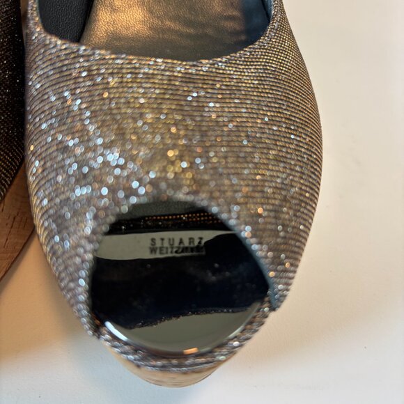 Stuart Weitzman Anna Corkswoon Glitter Wedge Heel Peep Toe Pumps Size 9 Holiday - Picture 2 of 9
